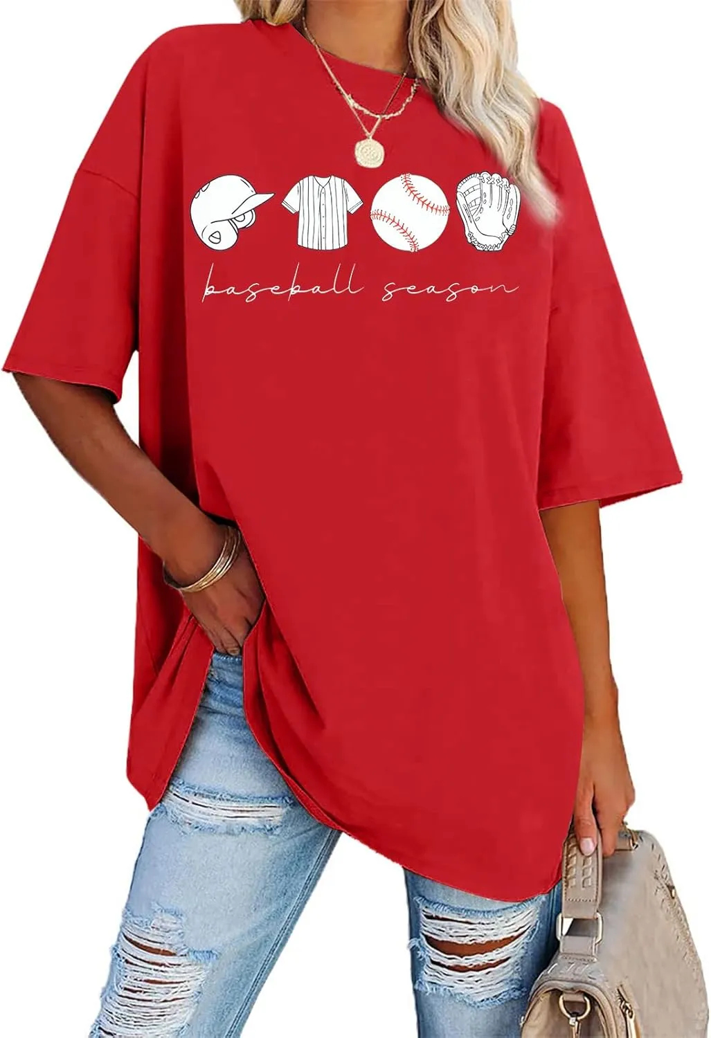 VILOVE Baseball Shirt Women Oversized Baseball Mom Tops Baseball Season Game Day Baseball Fan Gifts Short Sleeve Tops