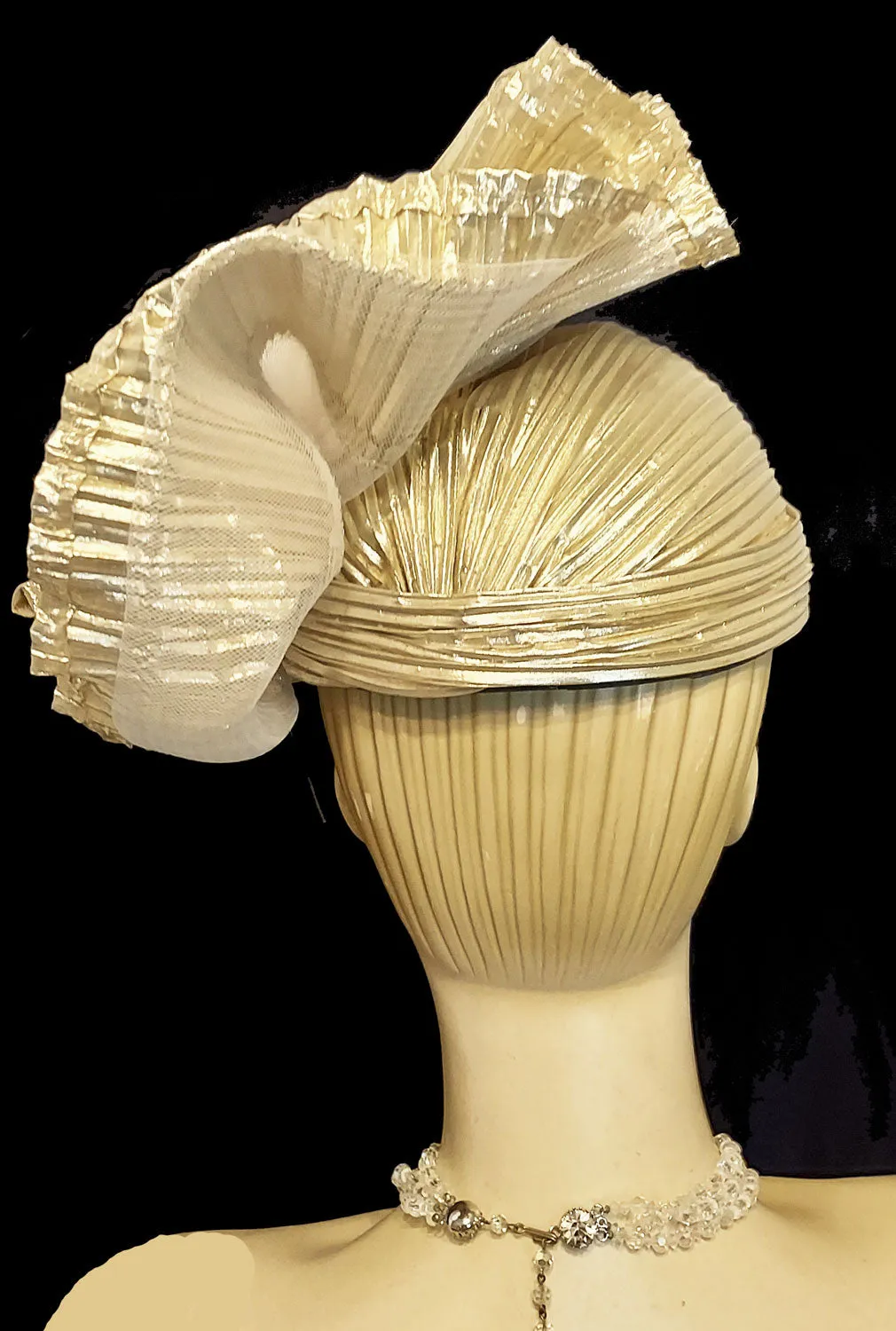VINTAGE DESIGNED BY SYLVIA GOLD PLEATED COCKTAIL HAT - SO GLAMOROUS!