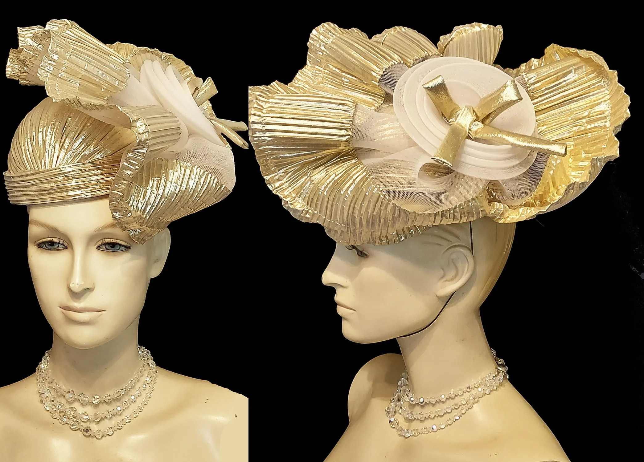 VINTAGE DESIGNED BY SYLVIA GOLD PLEATED COCKTAIL HAT - SO GLAMOROUS!