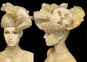 VINTAGE DESIGNED BY SYLVIA GOLD PLEATED COCKTAIL HAT - SO GLAMOROUS!