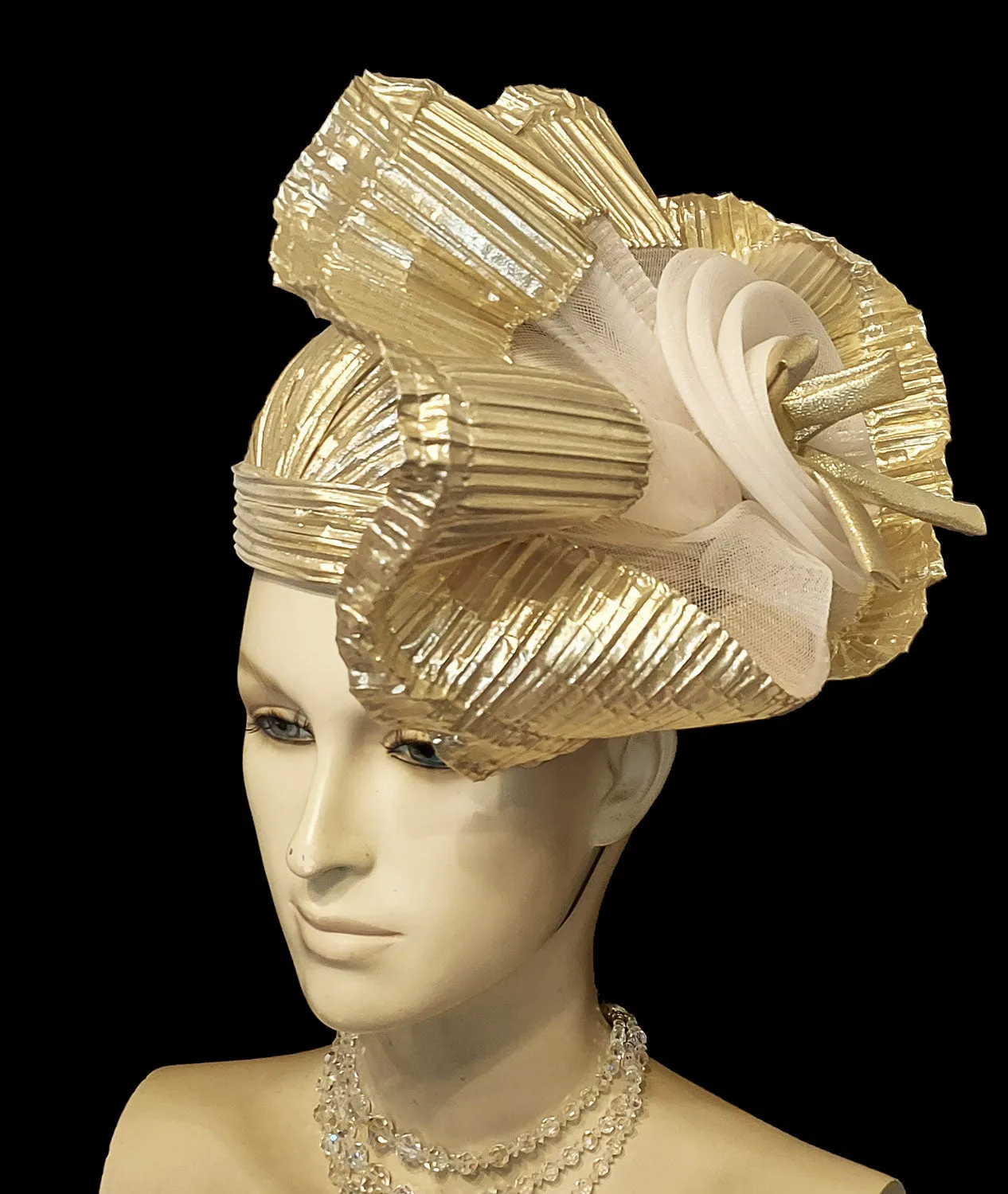 VINTAGE DESIGNED BY SYLVIA GOLD PLEATED COCKTAIL HAT - SO GLAMOROUS!