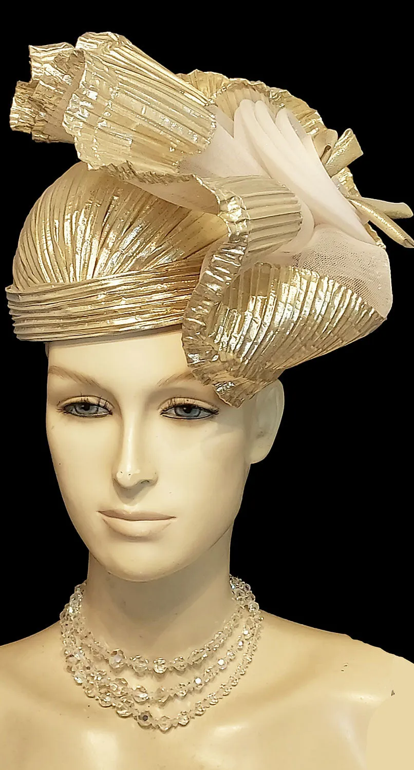 VINTAGE DESIGNED BY SYLVIA GOLD PLEATED COCKTAIL HAT - SO GLAMOROUS!