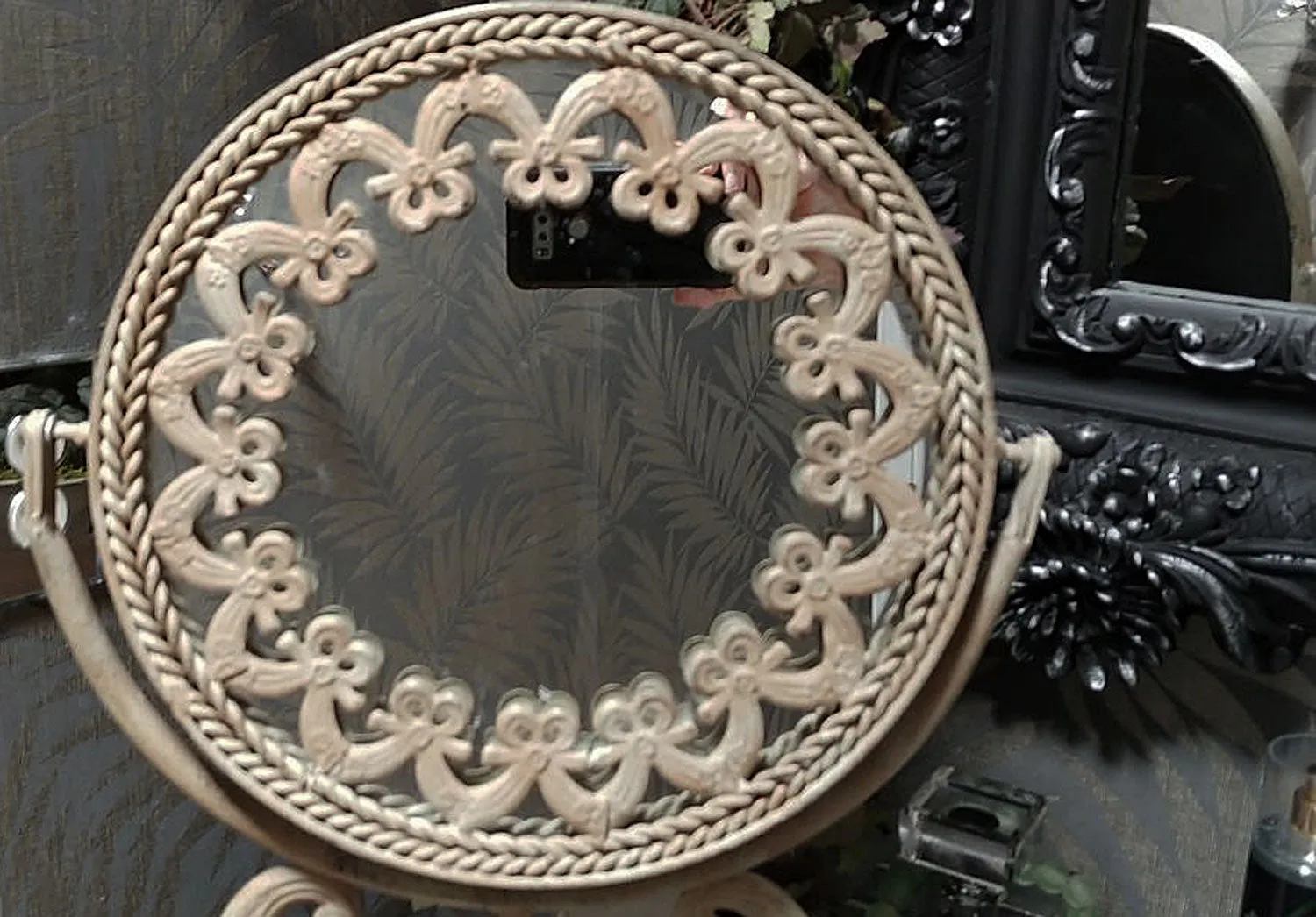 VINTAGE FANCY HOLLYWOOD REGENCY STYLE HUGE METAL VANITY MIRROR WITH TWISTED BRAID & BOWS