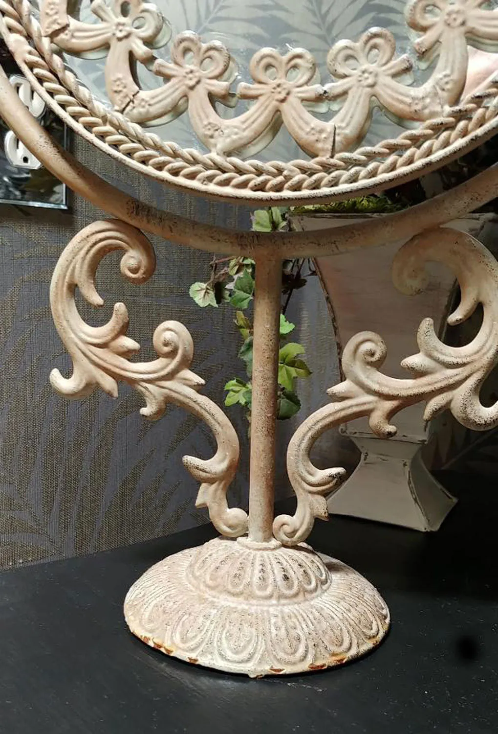VINTAGE FANCY HOLLYWOOD REGENCY STYLE HUGE METAL VANITY MIRROR WITH TWISTED BRAID & BOWS