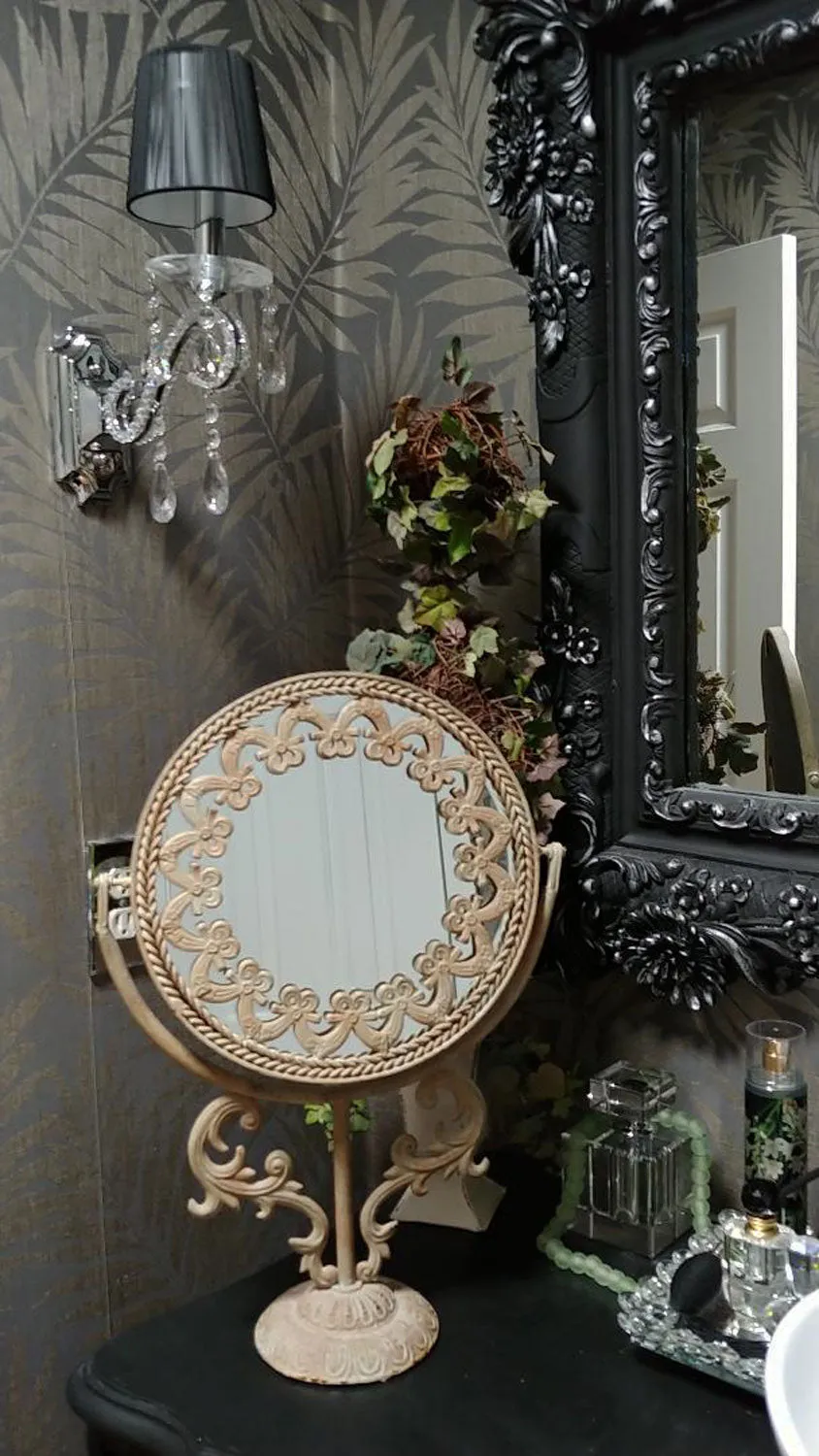 VINTAGE FANCY HOLLYWOOD REGENCY STYLE HUGE METAL VANITY MIRROR WITH TWISTED BRAID & BOWS