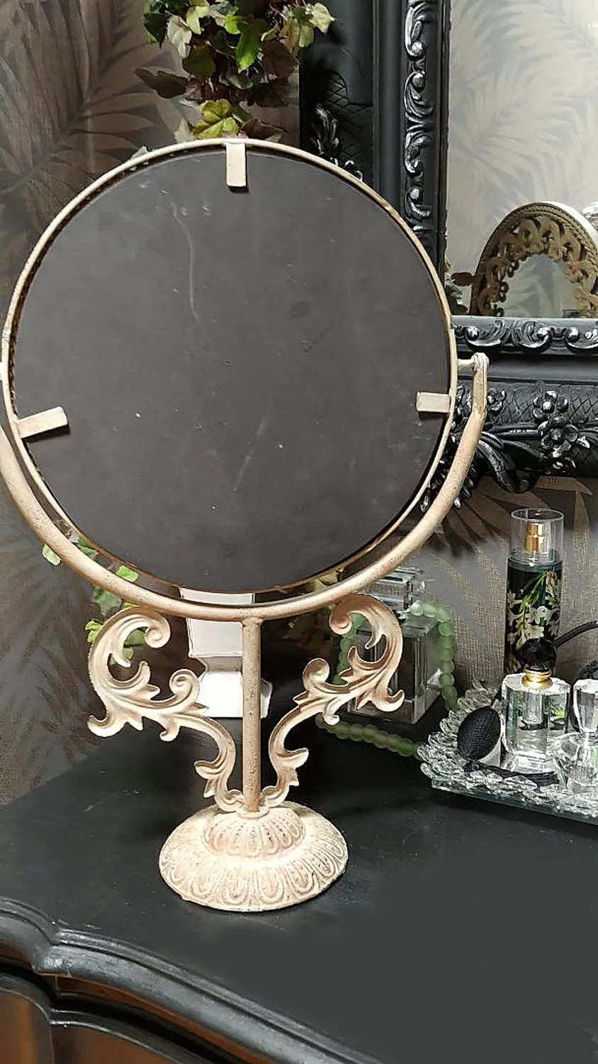 VINTAGE FANCY HOLLYWOOD REGENCY STYLE HUGE METAL VANITY MIRROR WITH TWISTED BRAID & BOWS