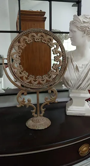 VINTAGE FANCY HOLLYWOOD REGENCY STYLE HUGE METAL VANITY MIRROR WITH TWISTED BRAID & BOWS