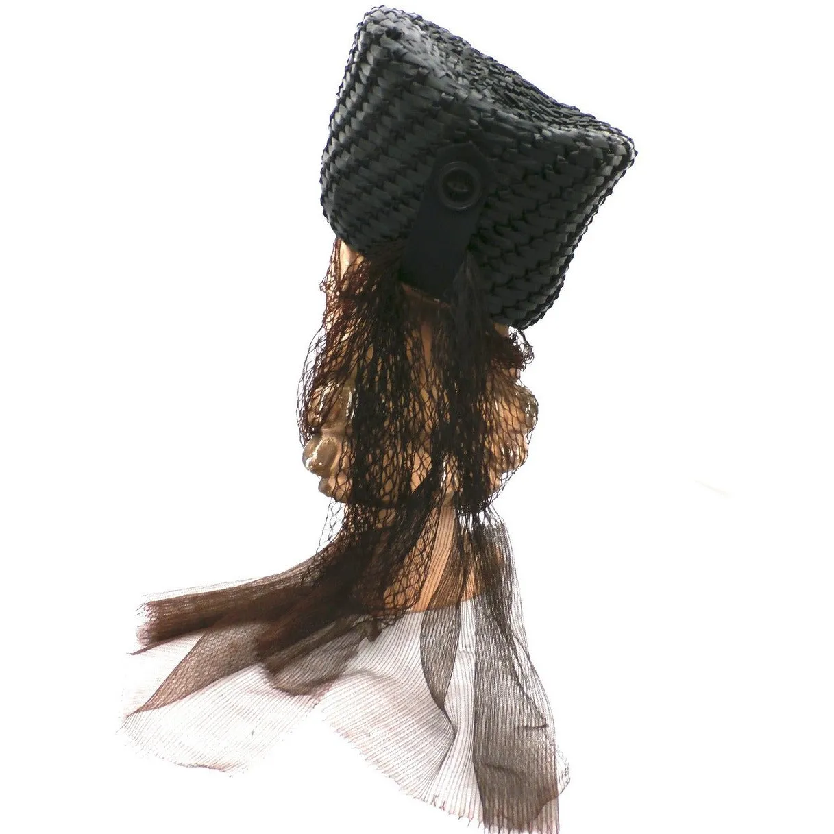 Vintage Straw Ladies Hat Tall Toque Long Veil 1960s Large