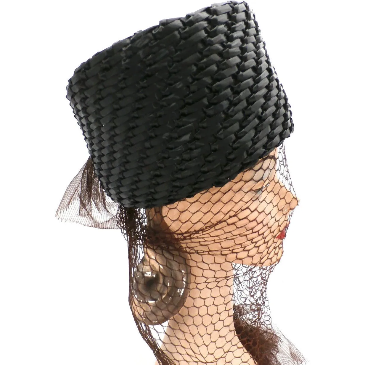 Vintage Straw Ladies Hat Tall Toque Long Veil 1960s Large
