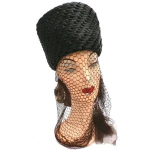 Vintage Straw Ladies Hat Tall Toque Long Veil 1960s Large