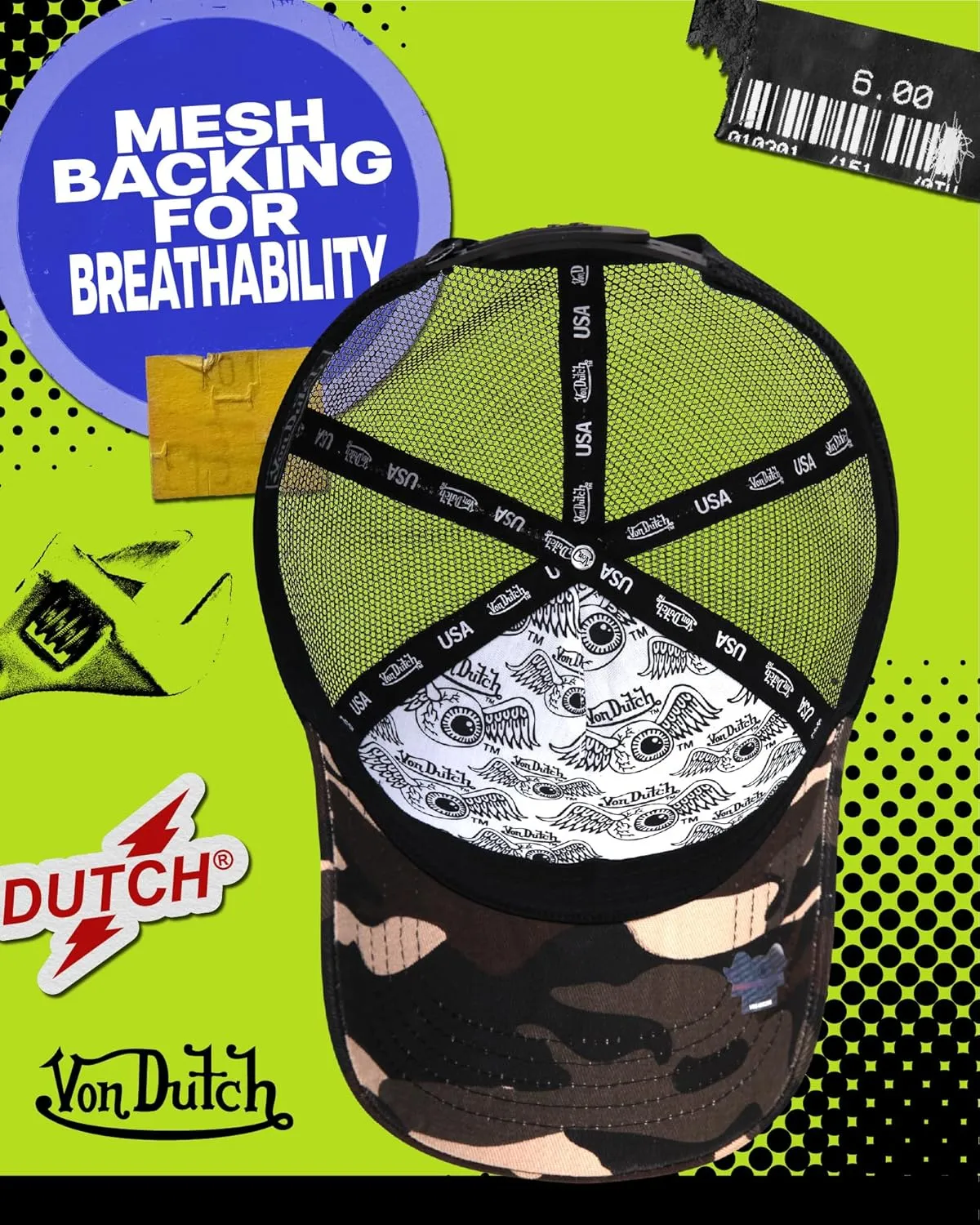 Von Dutch Monogram Trucker Cap - Retro Snapback Cap for Men and Women - Adjustable Snap Fit Panel, Mesh Rear, Curved Bill