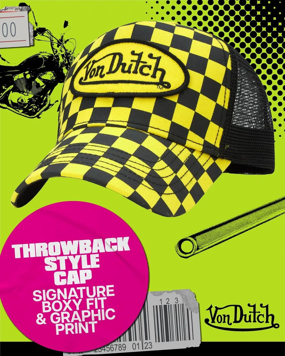 Von Dutch Monogram Trucker Cap - Retro Snapback Cap for Men and Women - Adjustable Snap Fit Panel, Mesh Rear, Curved Bill