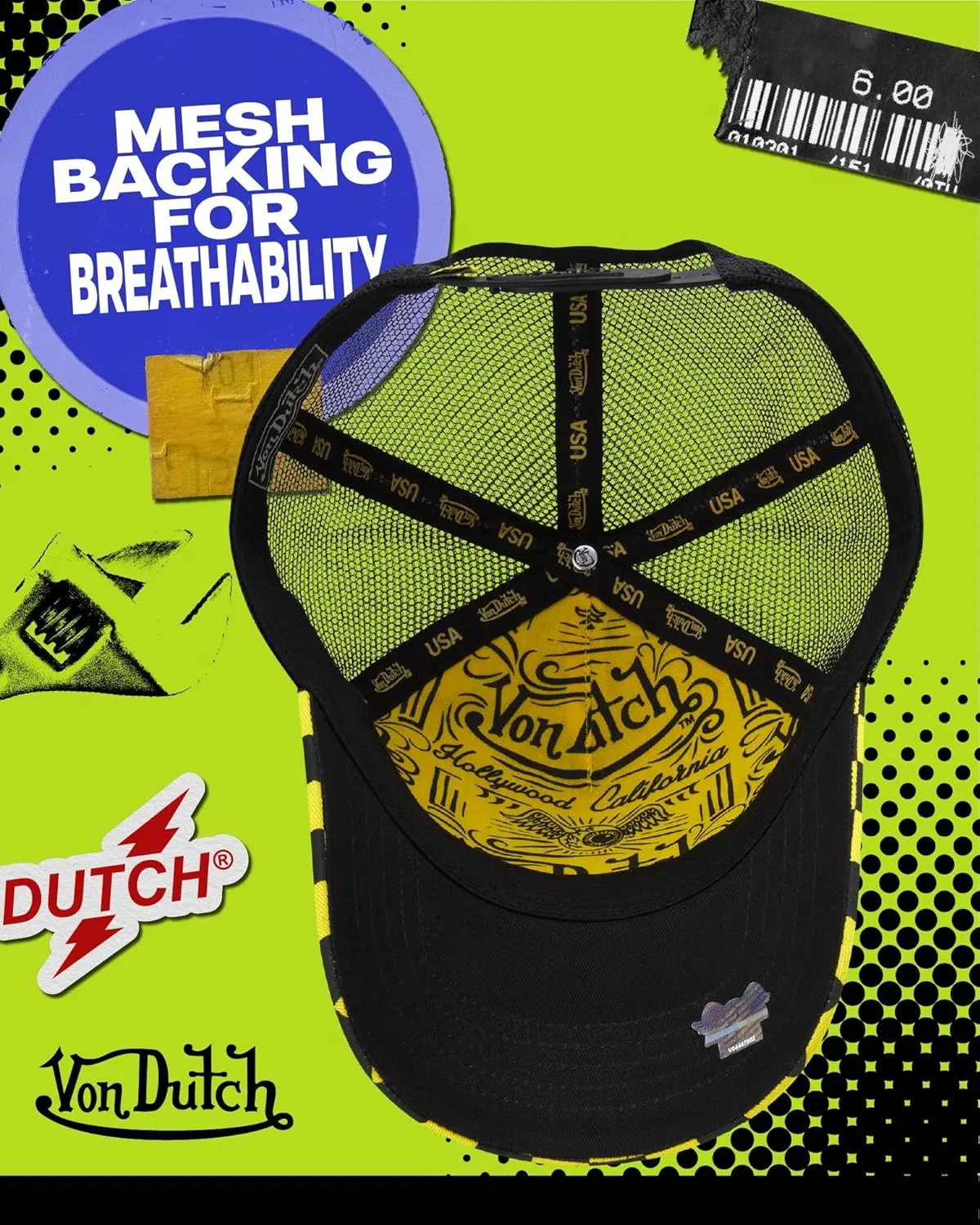 Von Dutch Monogram Trucker Cap - Retro Snapback Cap for Men and Women - Adjustable Snap Fit Panel, Mesh Rear, Curved Bill