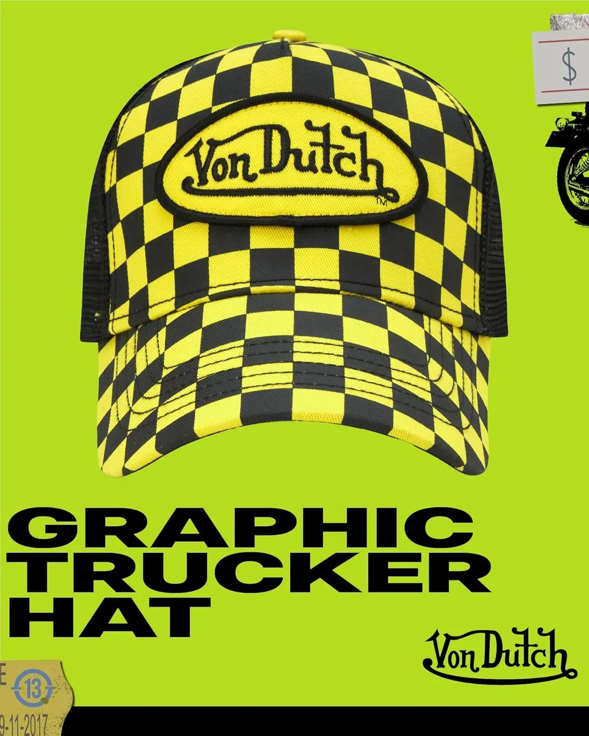 Von Dutch Monogram Trucker Cap - Retro Snapback Cap for Men and Women - Adjustable Snap Fit Panel, Mesh Rear, Curved Bill