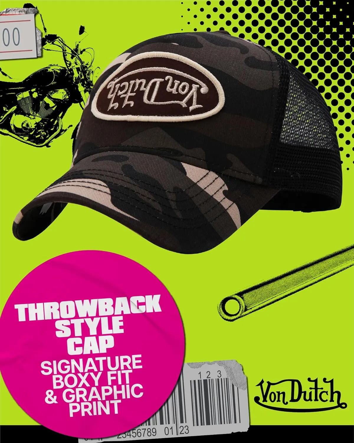 Von Dutch Monogram Trucker Cap - Retro Snapback Cap for Men and Women - Adjustable Snap Fit Panel, Mesh Rear, Curved Bill