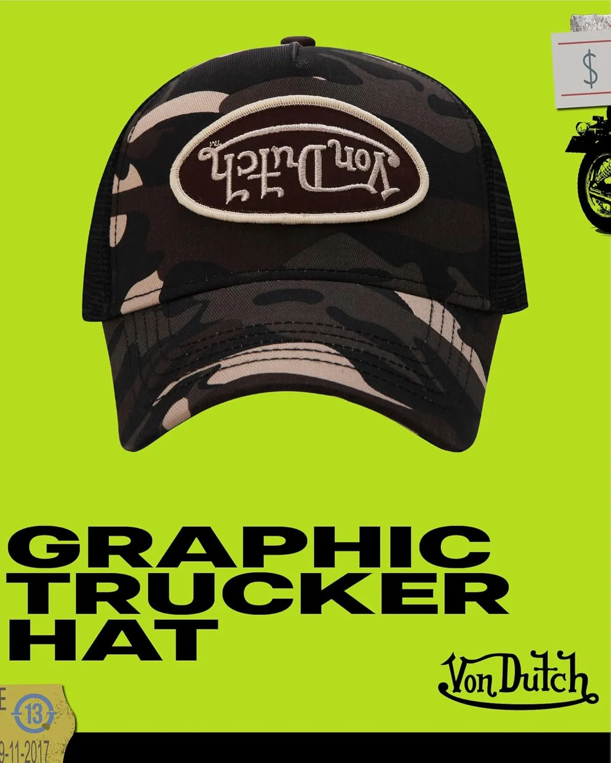 Von Dutch Monogram Trucker Cap - Retro Snapback Cap for Men and Women - Adjustable Snap Fit Panel, Mesh Rear, Curved Bill