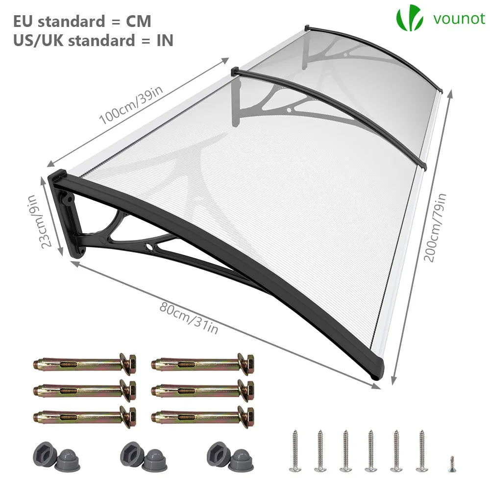 VOUNOT 200x80cm Front Door Canopy Porch Outdoor Awning, Rain Shelter, Black