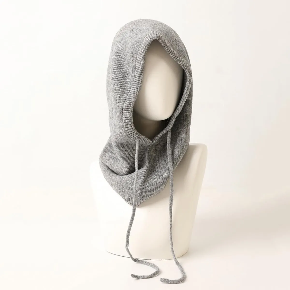 Warm Knitted Hood Loop Scarf Balaclava with Adjustable Drawstring for Women Men, 10% Cashmere & 90% Wool Blend, Winter Soft Knit Beanie Hat Loop Scarf 2-in-1, Warm Earflap Hat Neck Warmer Grey F