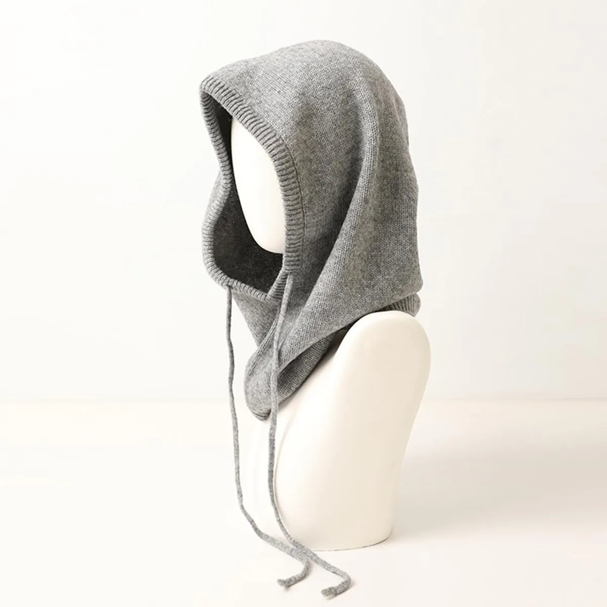Warm Knitted Hood Loop Scarf Balaclava with Adjustable Drawstring for Women Men, 10% Cashmere & 90% Wool Blend, Winter Soft Knit Beanie Hat Loop Scarf 2-in-1, Warm Earflap Hat Neck Warmer Grey F