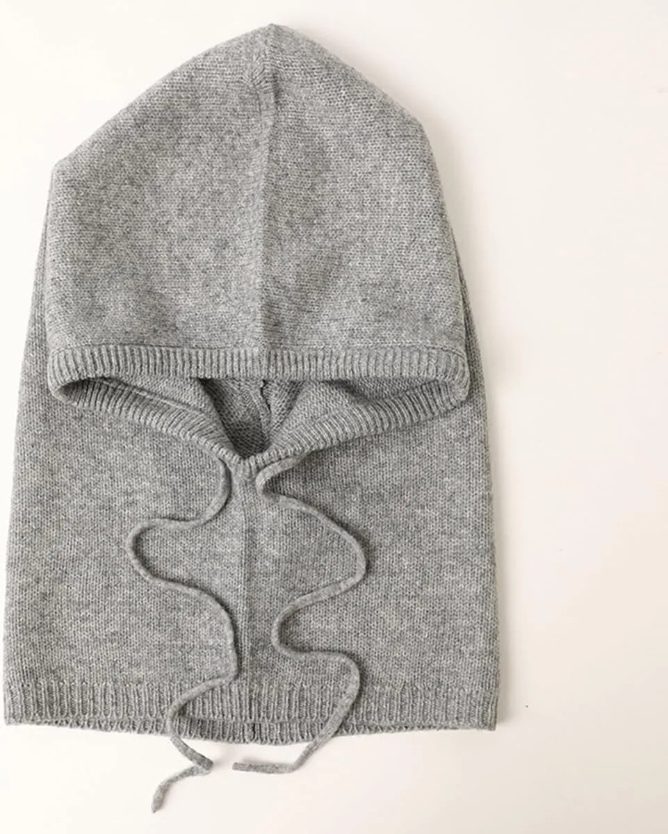 Warm Knitted Hood Loop Scarf Balaclava with Adjustable Drawstring for Women Men, 10% Cashmere & 90% Wool Blend, Winter Soft Knit Beanie Hat Loop Scarf 2-in-1, Warm Earflap Hat Neck Warmer Grey F
