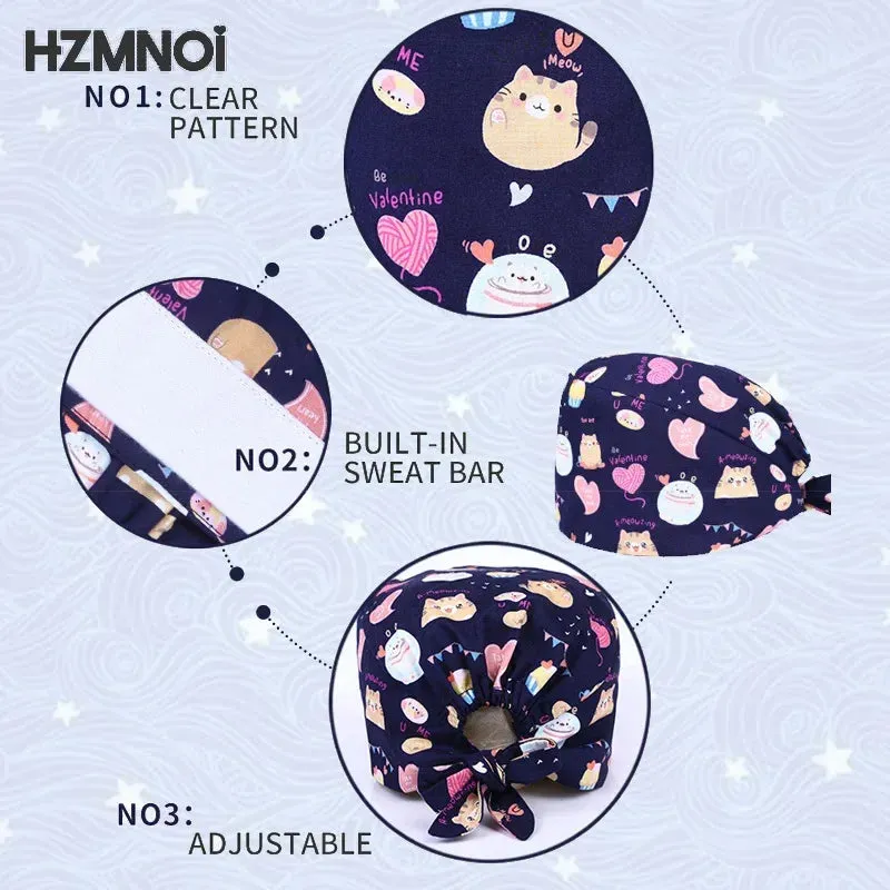 Whimsical Wonders Cotton Surgical Caps – Adjustable, Sweat-Absorbent, Breathable Medical Baotou Hats for Nurses, Doctors, and Trendsetters in Vibrant Prints!