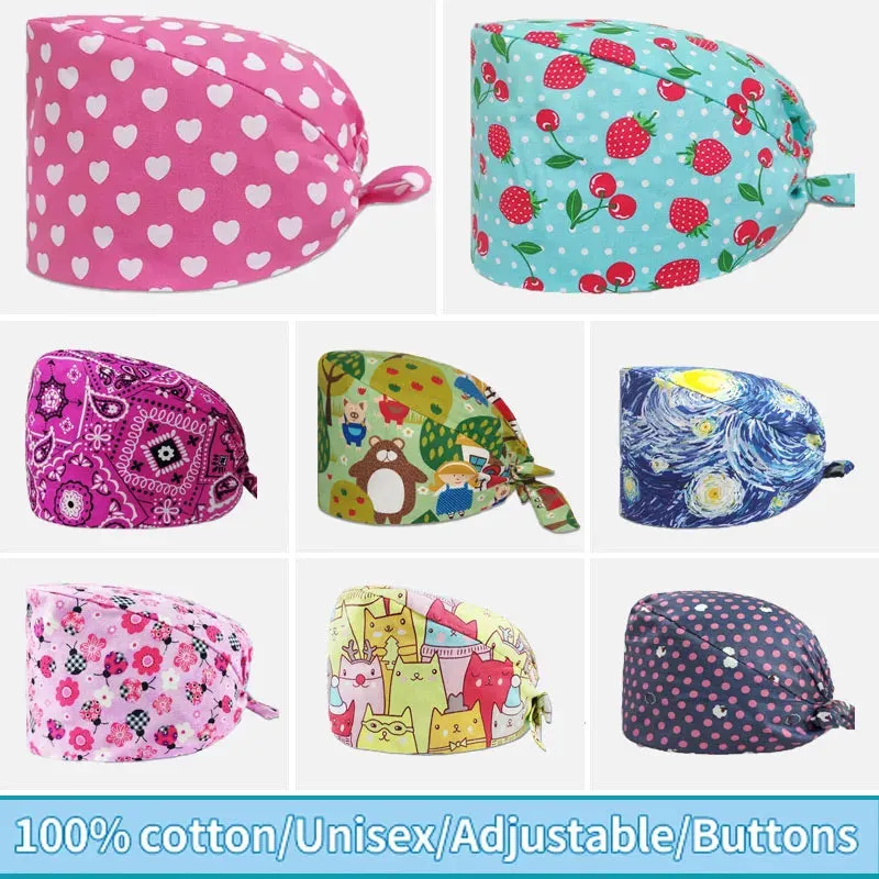 Whimsical Wonders Cotton Surgical Caps – Adjustable, Sweat-Absorbent, Breathable Medical Baotou Hats for Nurses, Doctors, and Trendsetters in Vibrant Prints!