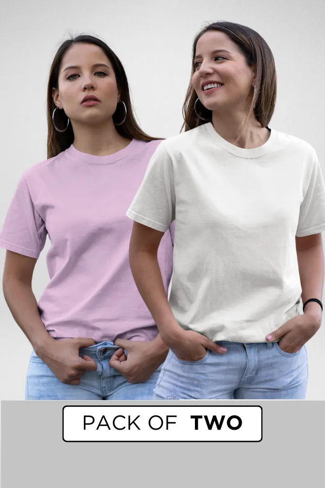 White and Light Pink Plain T-shirts Combo for Women