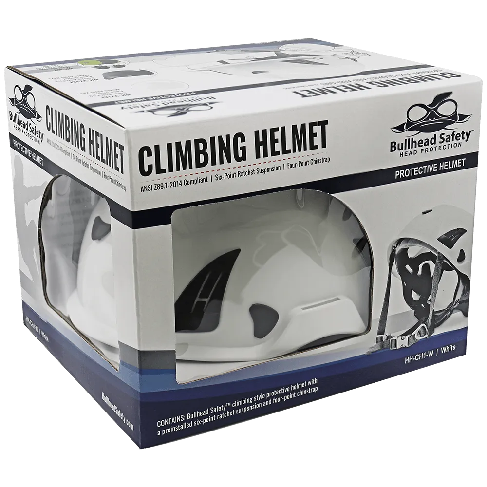 White Climbing Style Protective Helmet with Six-Point Ratchet Suspension and Four-Point Chin Strap - HH-CH1-W