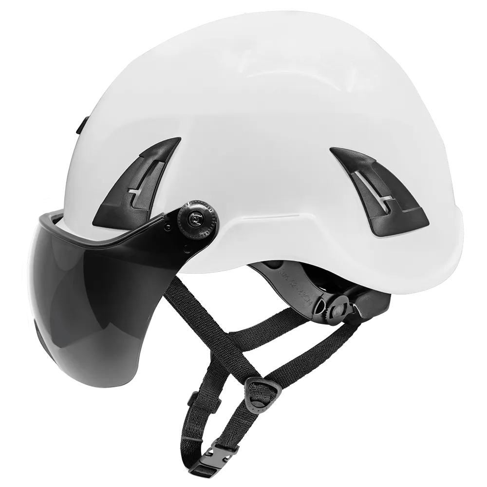 White Climbing Style Protective Helmet with Six-Point Ratchet Suspension and Four-Point Chin Strap - HH-CH1-W
