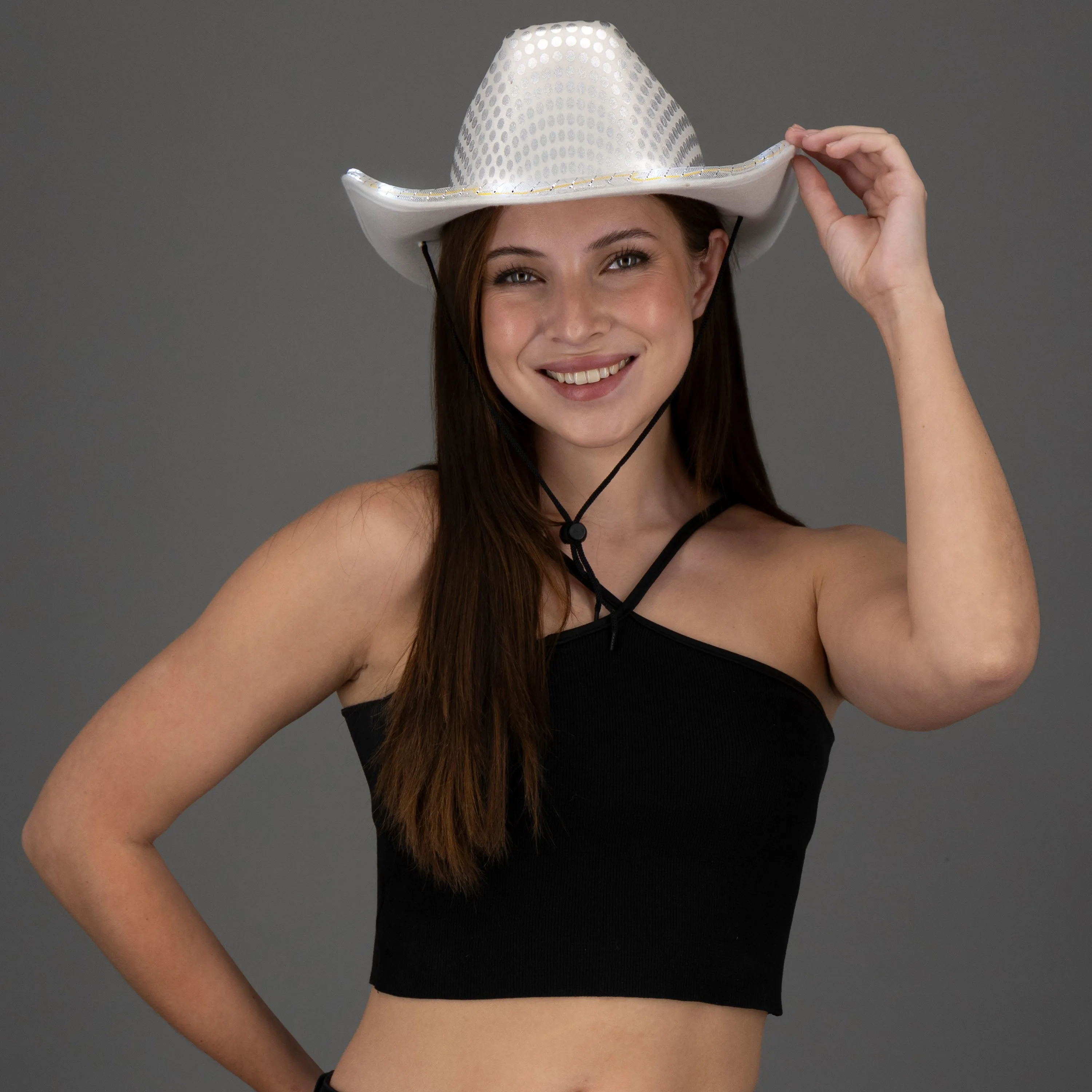 White LED Light Up Flashing Sequin Cowboy Hats - 12 Hats