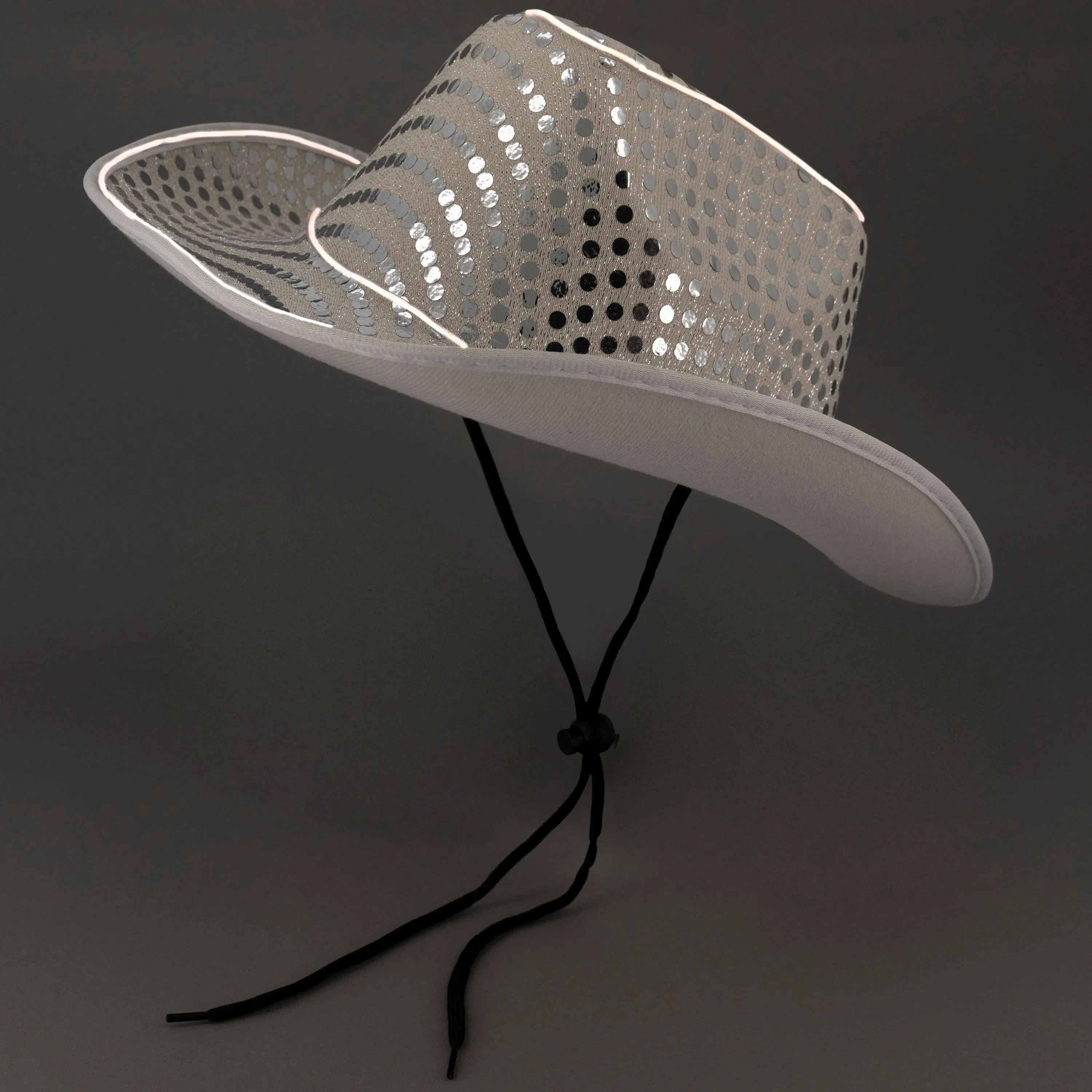 White Sequin LED Light Up Flashing EL Wire Glow Cowboy Party Hat