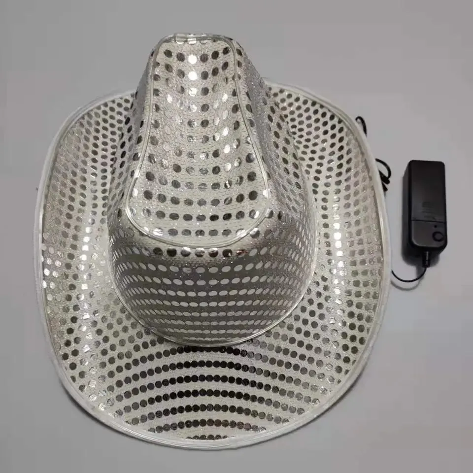 White Sequin LED Light Up Flashing EL Wire Glow Cowboy Party Hat
