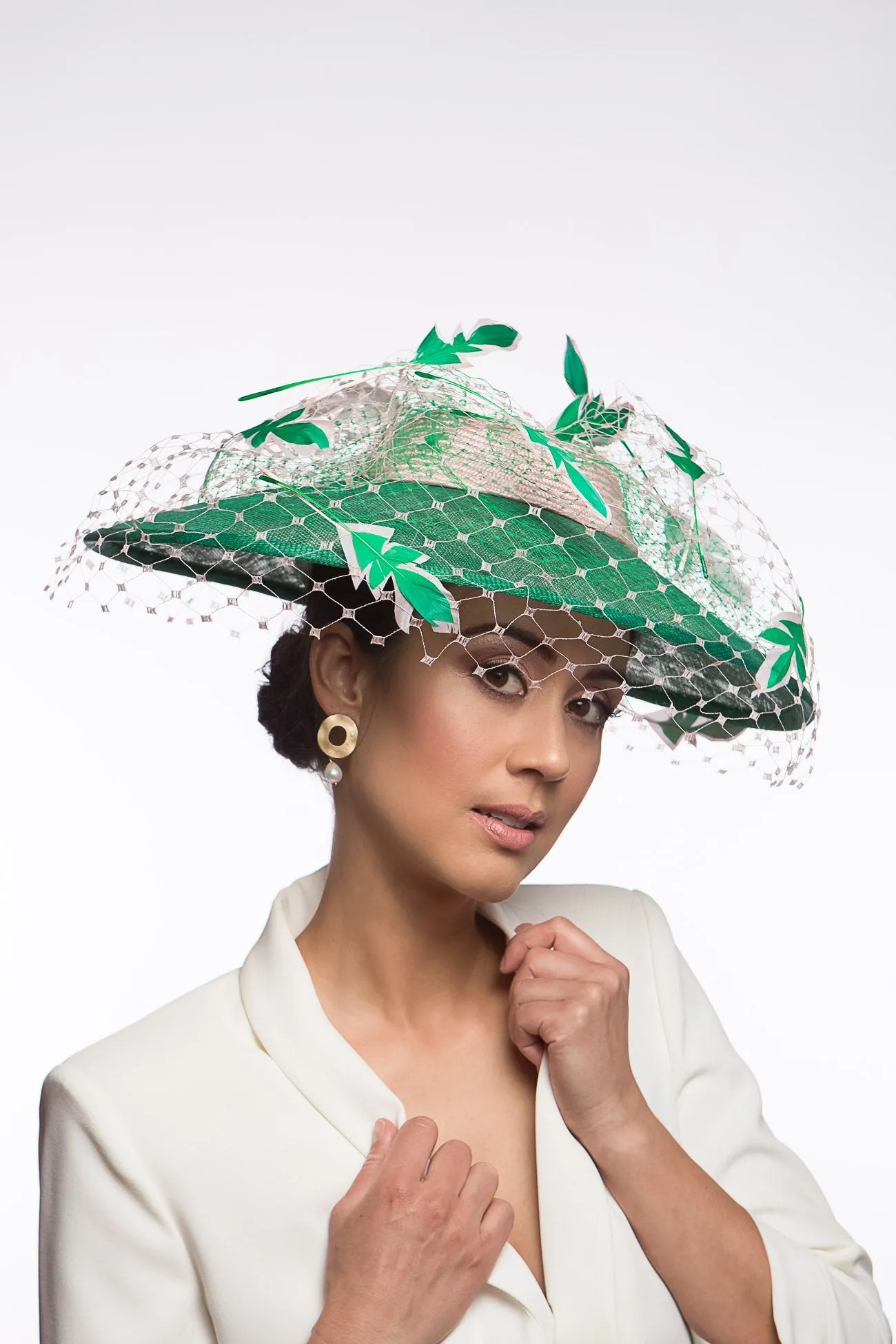 Wide Brimmed Hat with Feather Leaves in Greens and Pink