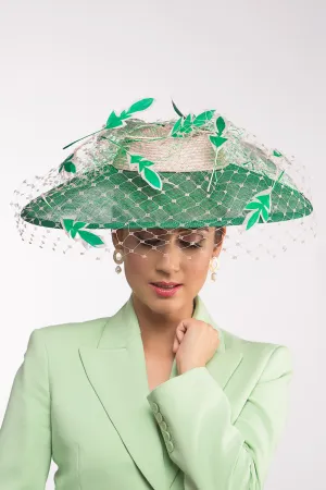 Wide Brimmed Hat with Feather Leaves in Greens and Pink