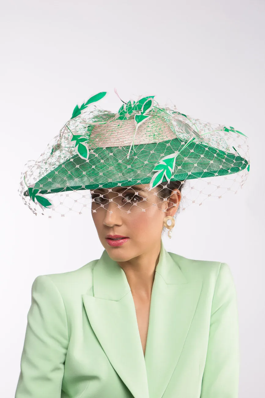 Wide Brimmed Hat with Feather Leaves in Greens and Pink