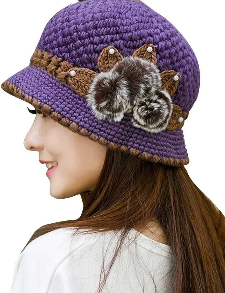Winter Hats for Women with Ear Flaps Oversized Comfy Thermal Warm Cable Ribbed Knit Hat Pom Pom Visor Beanie Cap