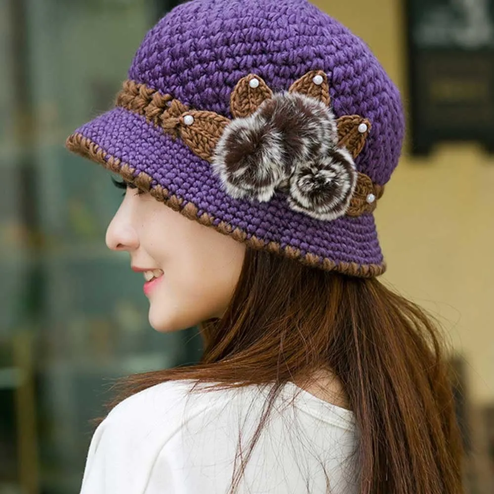 Winter Hats for Women with Ear Flaps Oversized Comfy Thermal Warm Cable Ribbed Knit Hat Pom Pom Visor Beanie Cap