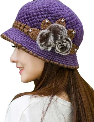 Winter Hats for Women with Ear Flaps Oversized Comfy Thermal Warm Cable Ribbed Knit Hat Pom Pom Visor Beanie Cap