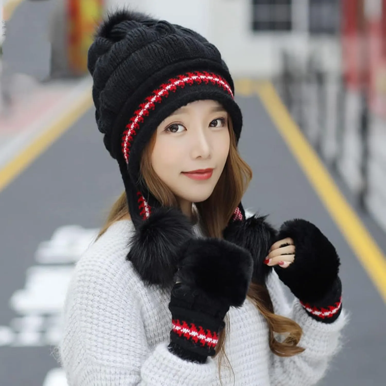 Winter @ Hats Scarf Gloves Set Thick Warm Knit Cap Neck Warmer for Men Women Slouchy @ Hat