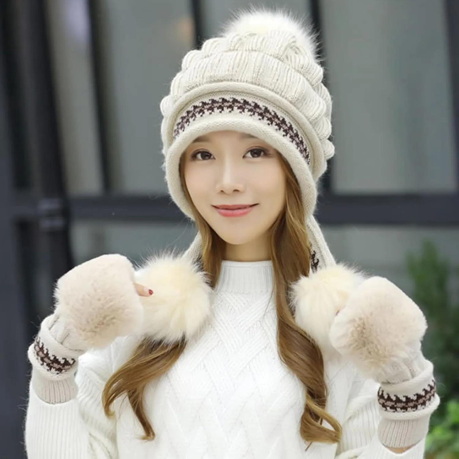 Winter @ Hats Scarf Gloves Set Thick Warm Knit Cap Neck Warmer for Men Women Slouchy @ Hat