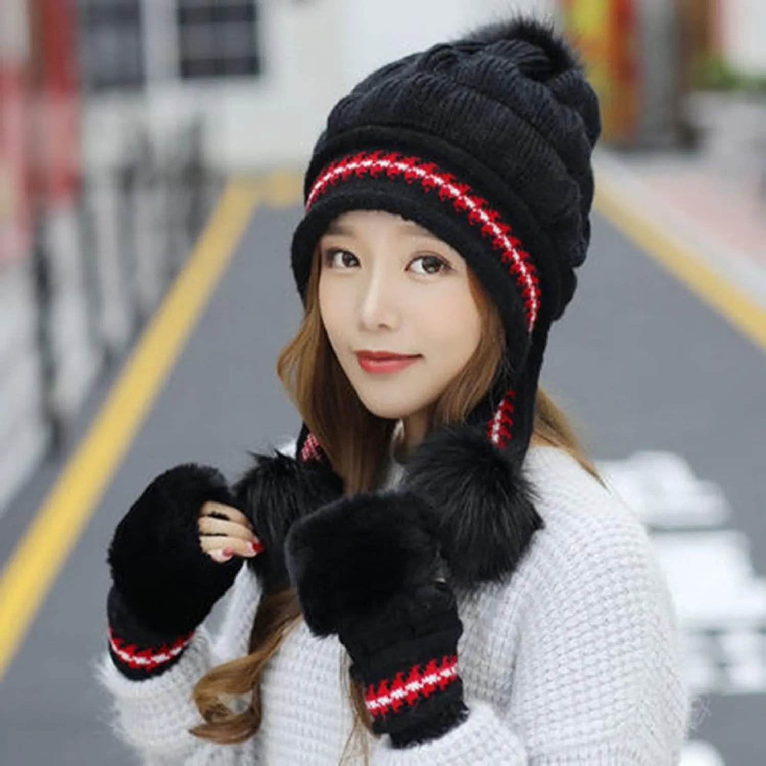 Winter @ Hats Scarf Gloves Set Thick Warm Knit Cap Neck Warmer for Men Women Slouchy @ Hat