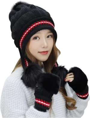 Winter @ Hats Scarf Gloves Set Thick Warm Knit Cap Neck Warmer for Men Women Slouchy @ Hat