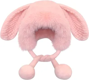 Winter Pompom Beanie Hats for Women Fluffy Knit Rabbit Ear Faux Fur Crochet Skull Cap Warm Soft Ski Fleece Beanie Caps