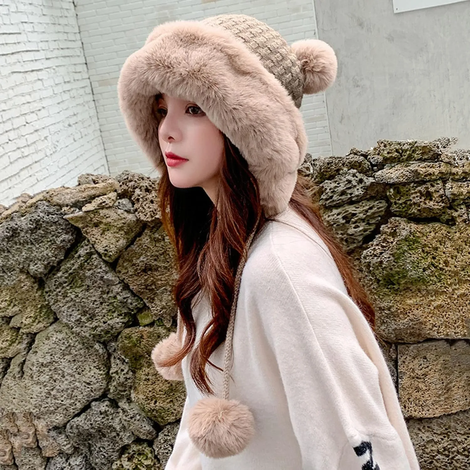 Winter Pompom Hat for Women Cute Knit Crochet Beanie Warm Lined Thick Outdoor Windproof Skull Cap