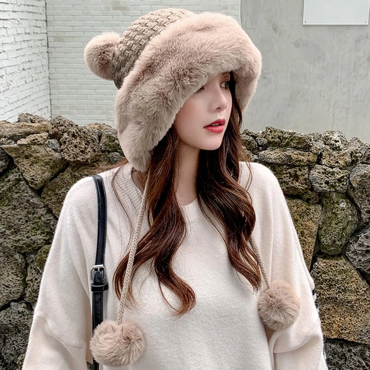 Winter Pompom Hat for Women Cute Knit Crochet Beanie Warm Lined Thick Outdoor Windproof Skull Cap