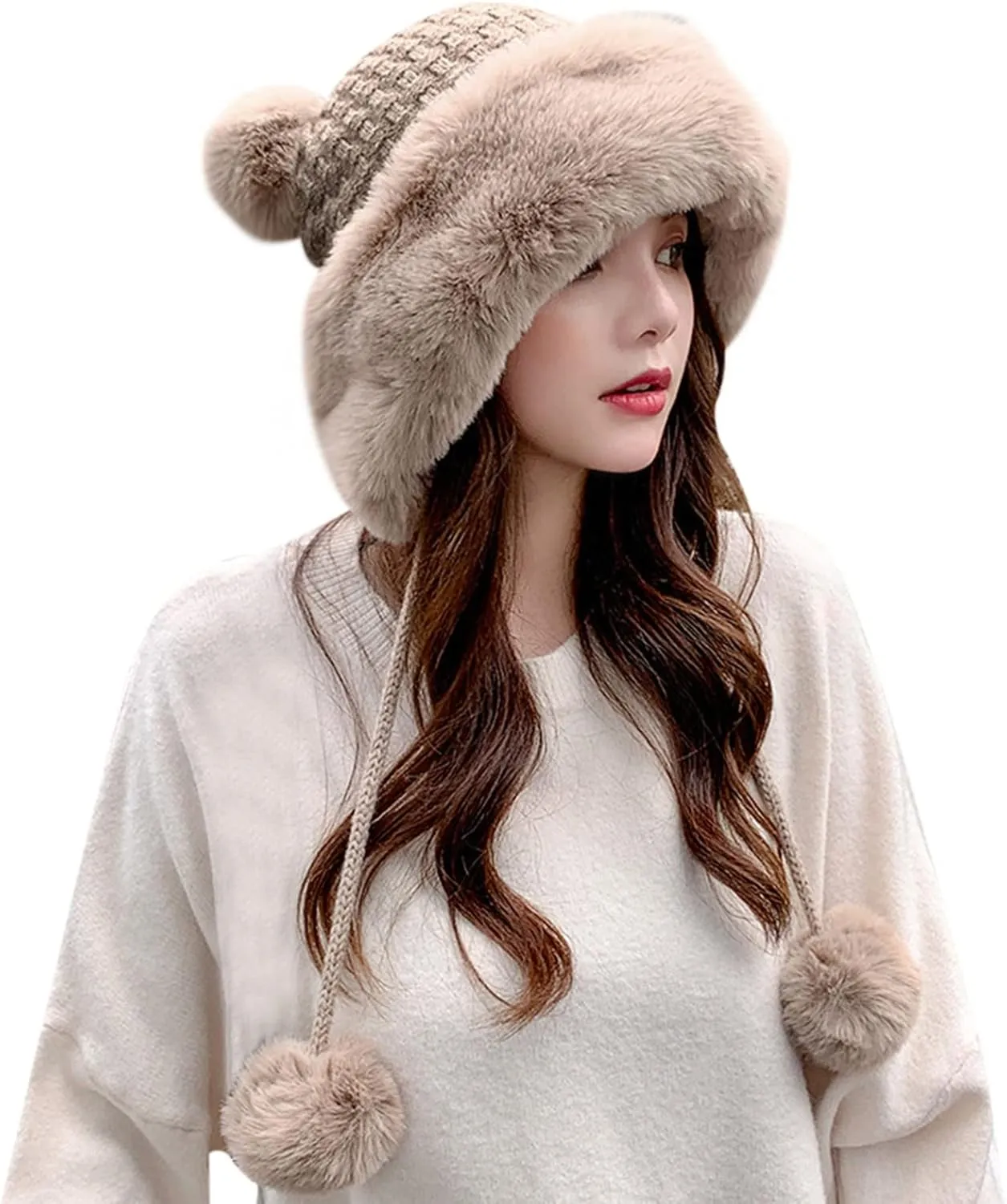 Winter Pompom Hat for Women Cute Knit Crochet Beanie Warm Lined Thick Outdoor Windproof Skull Cap