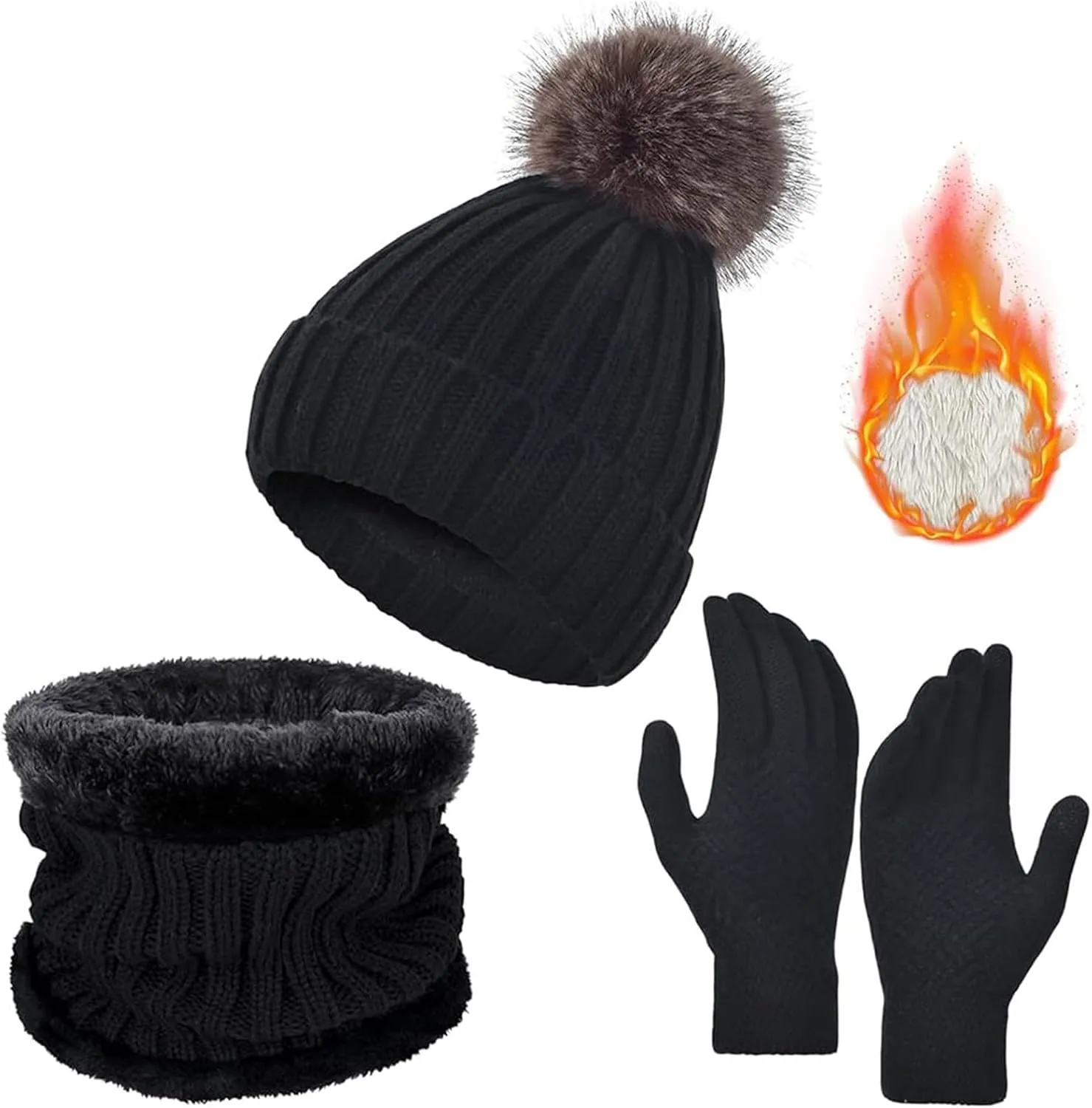Winter Warm Beanie Hat for Women Men Touchscreen Gloves Scarf Set Fleece Lined Scarf Neck Warmer Skull Caps 3 Set