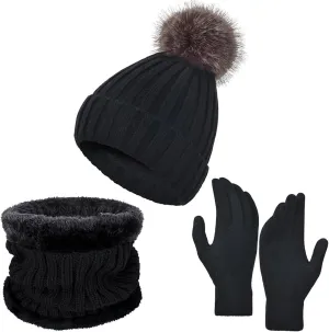 Winter Warm Beanie Hat for Women Men Touchscreen Gloves Scarf Set Fleece Lined Scarf Neck Warmer Skull Caps 3 Set