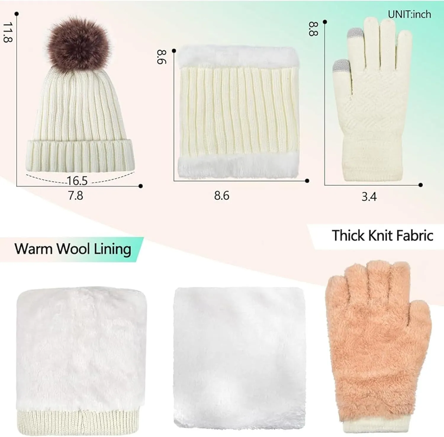 Winter Warm Beanie Hat for Women Men Touchscreen Gloves Scarf Set Fleece Lined Scarf Neck Warmer Skull Caps 3 Set