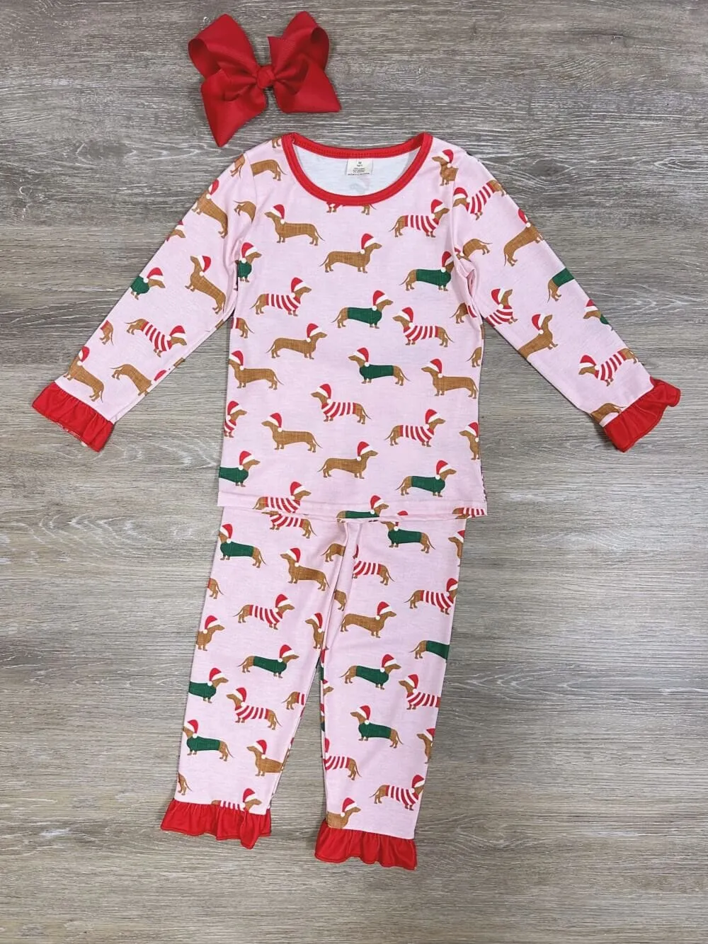 Winter Weiner Dog Pink Girls Christmas Pajamas